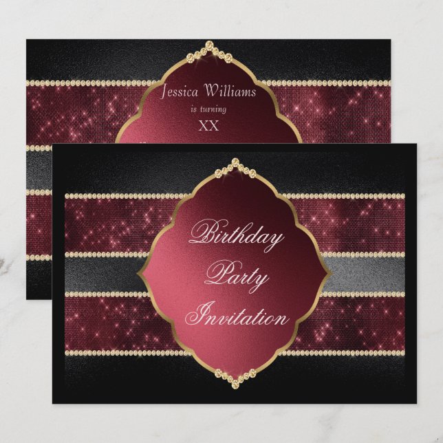 Classy Red, Black & Gold Jewels Decorated Birthday Invitation (Front/Back)