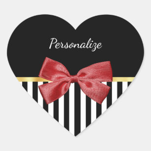 Classy Red Bow Black and White Stripes With Name Heart Sticker