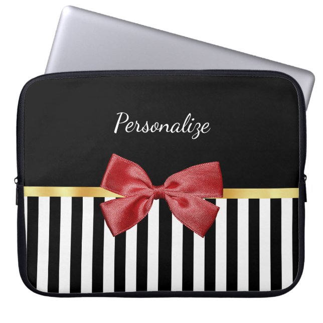 Classy Red Bow Black and White Stripes With Name Laptop Sleeve (Front)