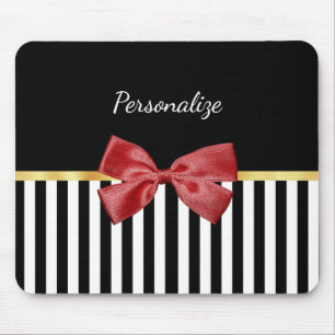 Classy Red Bow Black and White Stripes With Name Mouse Mat