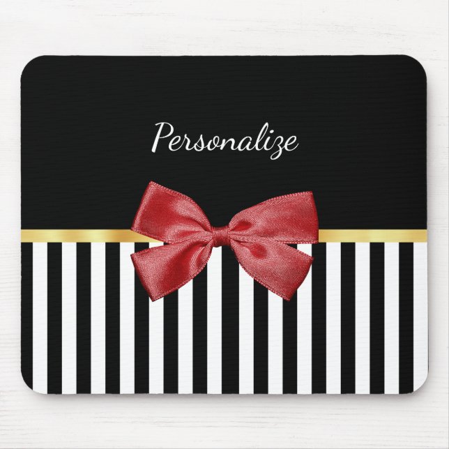 Classy Red Bow Black and White Stripes With Name Mouse Mat (Front)