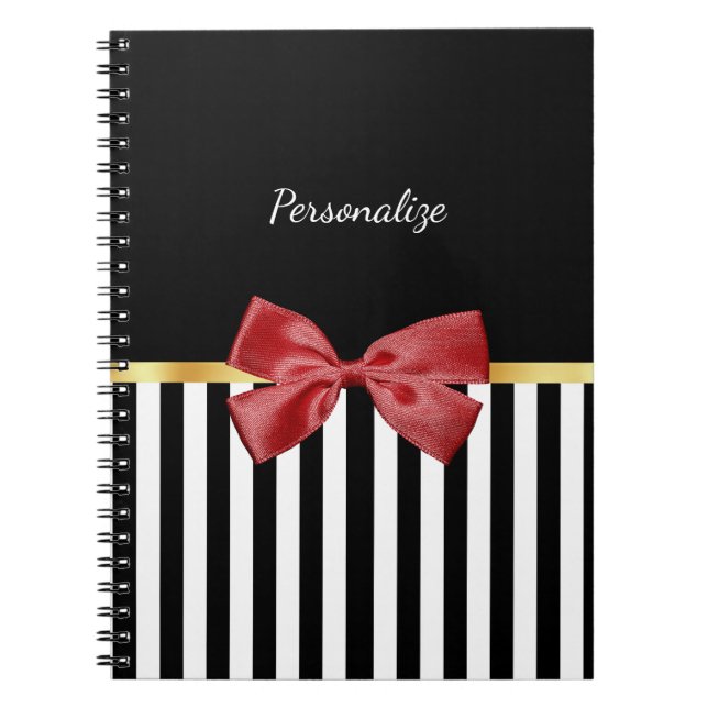 Classy Red Bow Black and White Stripes With Name Notebook (Front)