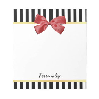 Classy Red Bow Black and White Stripes With Name Notepad
