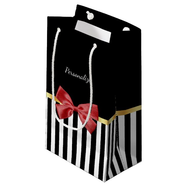Classy Red Bow Black and White Stripes With Name Small Gift Bag (Front Angled)