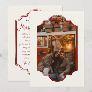 Classy Red Bow Frame Photo Retro Merry Christmas Holiday Card