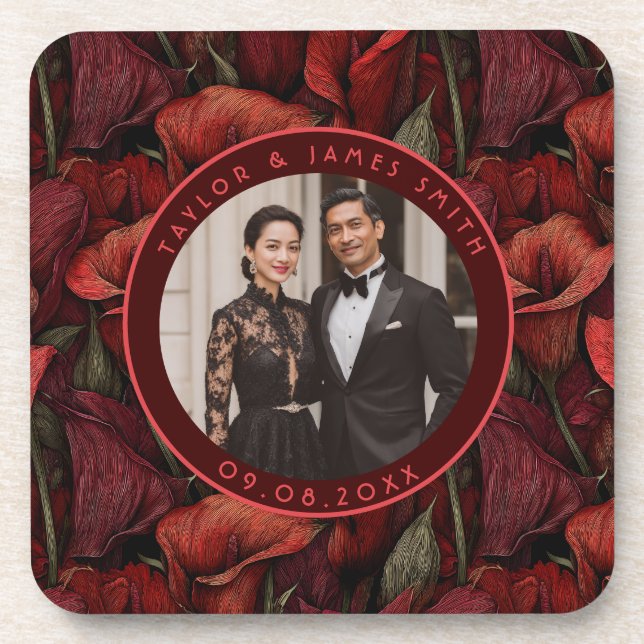 Classy Red Calla Lilies Inspired Destination Weddi Coaster (Front)
