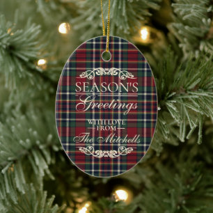 Classy Red Dark Teal Blue Floral Holiday Wreath Ceramic Tree Decoration