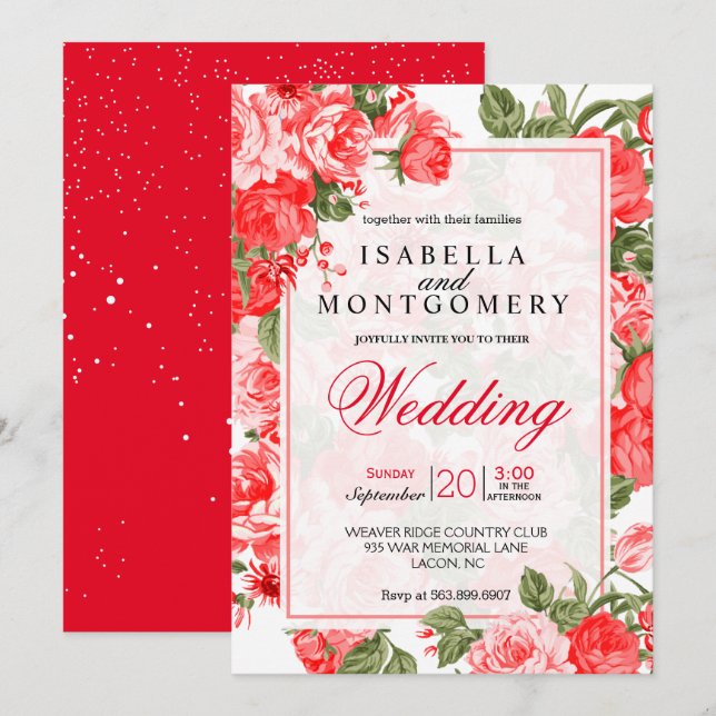 Classy Red Floral Wedding Invitation (Front/Back)