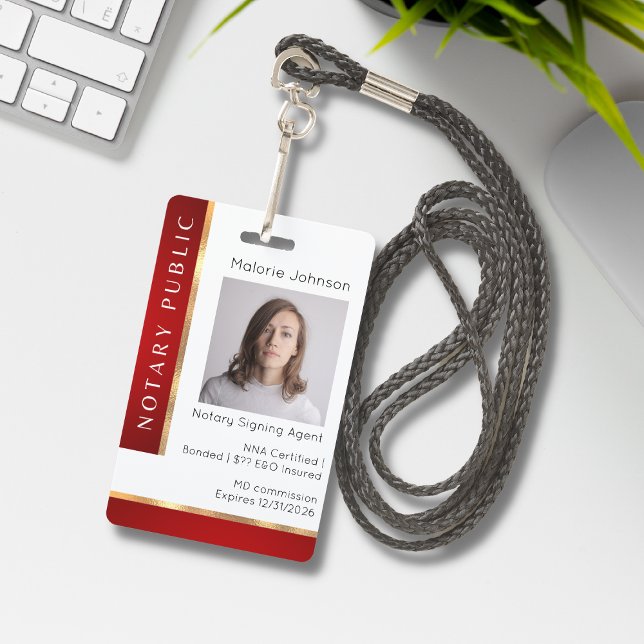 Classy Red & Gold Loan Signing Agent Notary Photo ID Badge (Creator Uploaded)