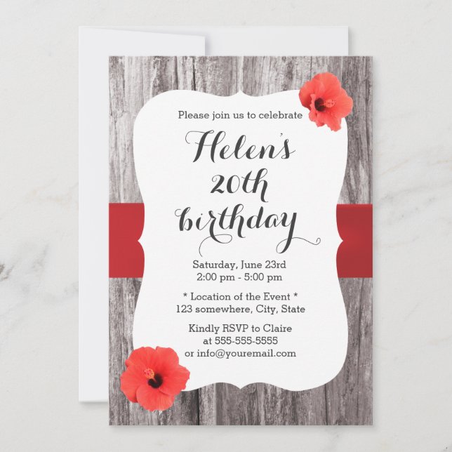 Classy Red Hibiscus Wood Background Birthday Party Invitation (Front)