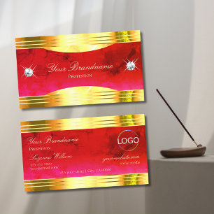 Classy Red Marble Shiny Gold Borders Logo De-Luxe Business Card