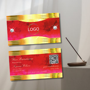 Classy Red Marble Shiny Gold Borders Logo QR Code Business Card