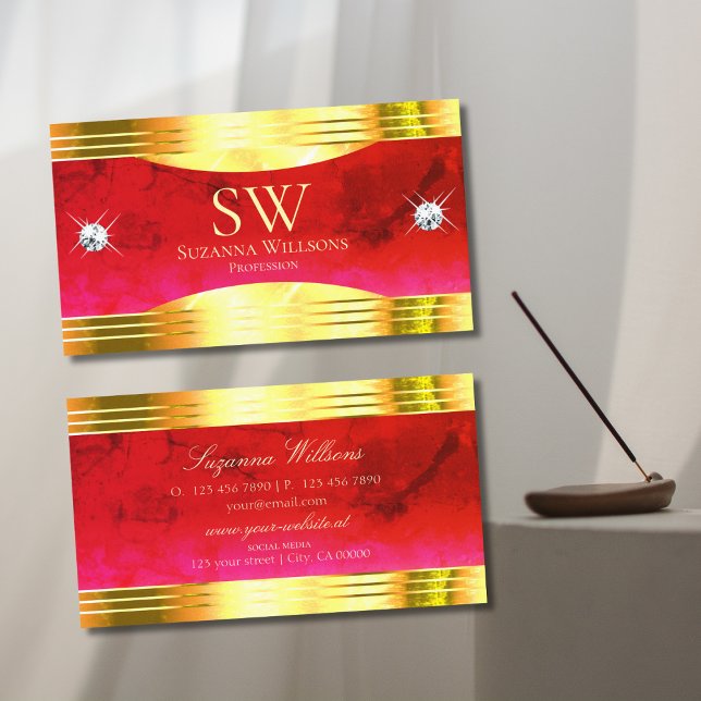 Classy Red Marble Shiny Gold Borders with Monogram Business Card (Creator Uploaded)
