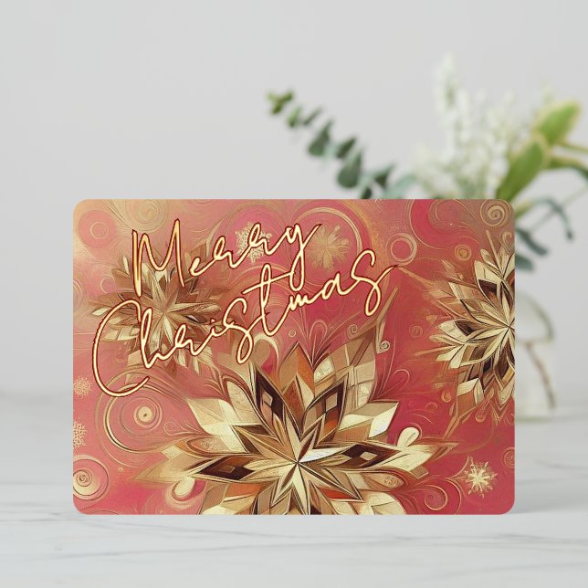 Classy Red Pink Abstract Snowflake Floral Art Gold Foil Holiday Card (Standing Front)