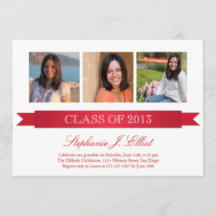 Classy red ribbon 3 photo graduation invitation