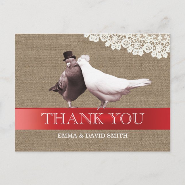 Classy Red Ribbon Love Birds Burlap Thank You Postcard (Front)