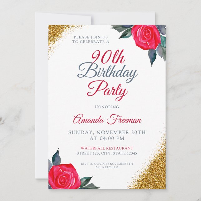 Classy Red Rose 90th Birthday Invitation (Front)