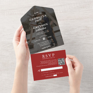 Classy Red RSVP Photo QR Code Wedding All In One Invitation