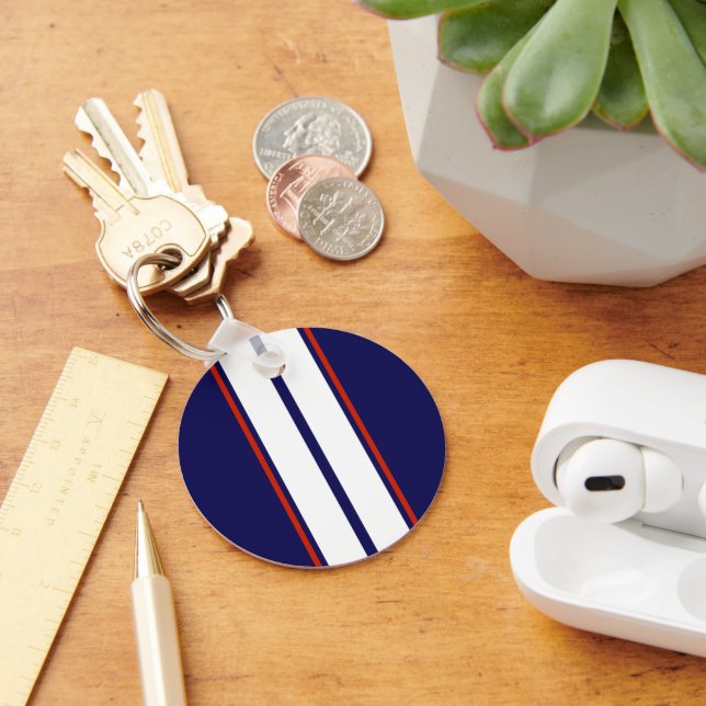 Classy Red, White, and Blue Racing Stripes Key Ring (Desk)