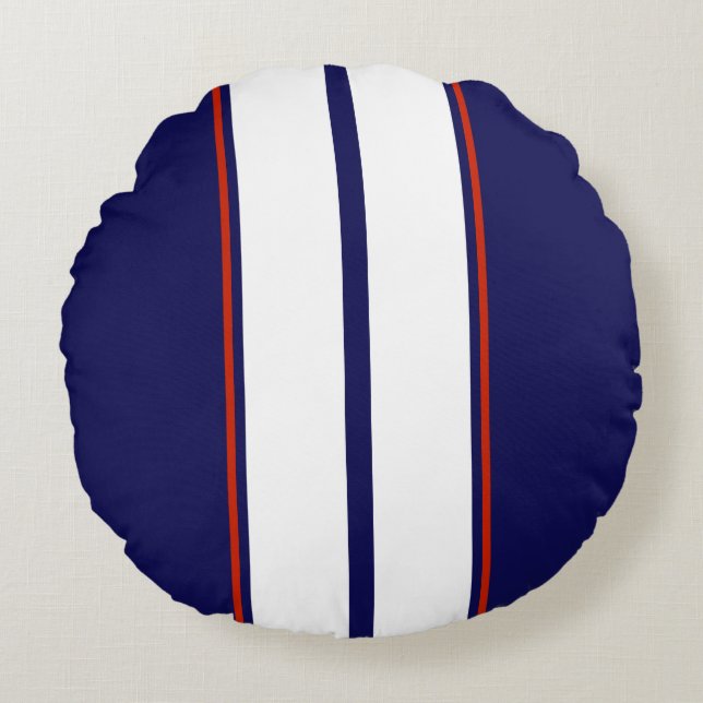 Classy Red, White, and Blue Racing Stripes Round Cushion (Front)