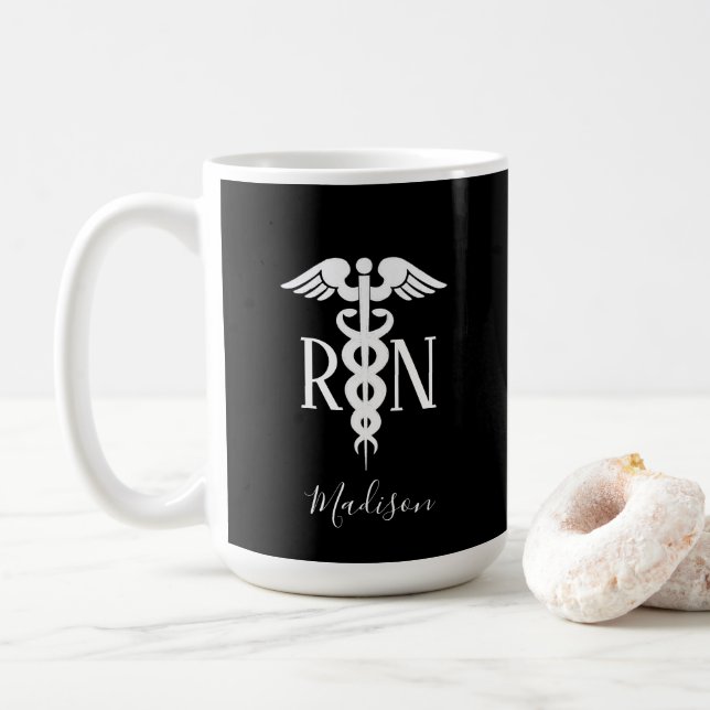 Classy Registered Nurse Black White Personalised Coffee Mug (With Donut)