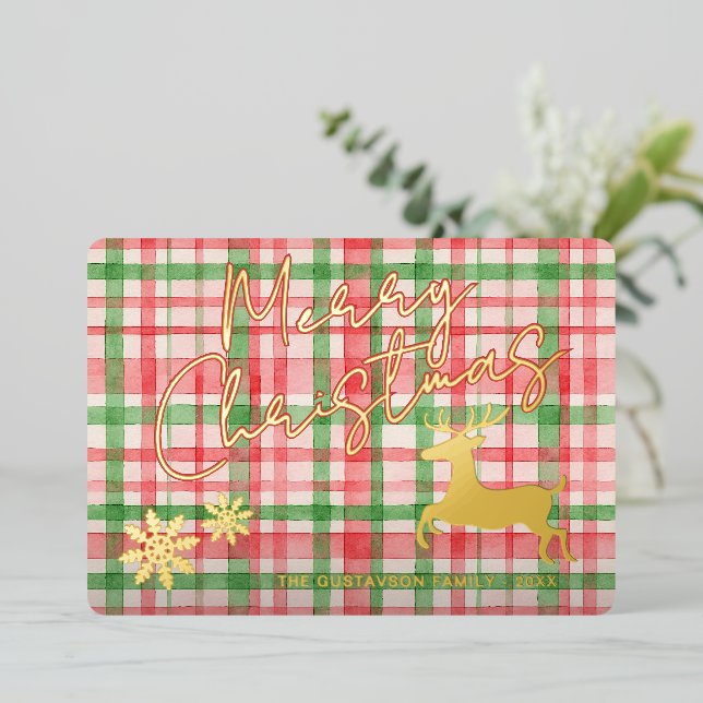 Classy Reindeer On Dark Green Pink Red Plaid Gold Foil Holiday Card (Standing Front)