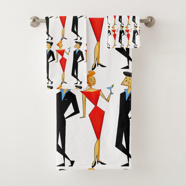 Classy Retro 50s Couple Cocktail Party Red Black Bath Towel Set (Insitu)