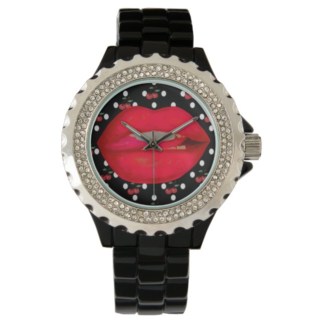 classy rhinestone cherry lips rockabilly  watch (Front)
