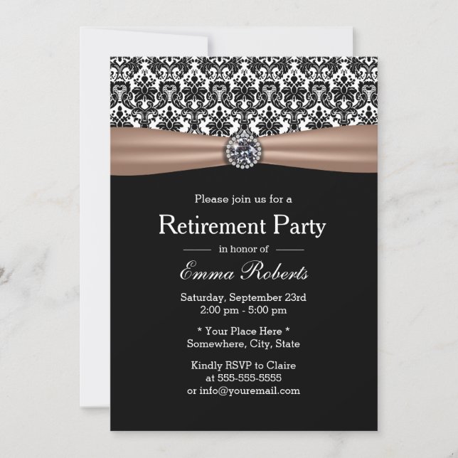 Classy Ribbon & Damask Diamond Retirement Party Invitation (Front)