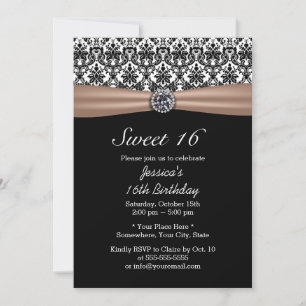 Classy Ribbon & Damask Diamond Sweet 16 Invitation