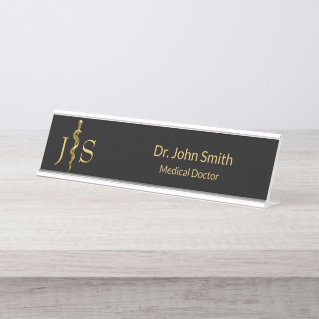 Classy Rod of Asclepius Gold on Black Medical Desk Name Plate (Front)
