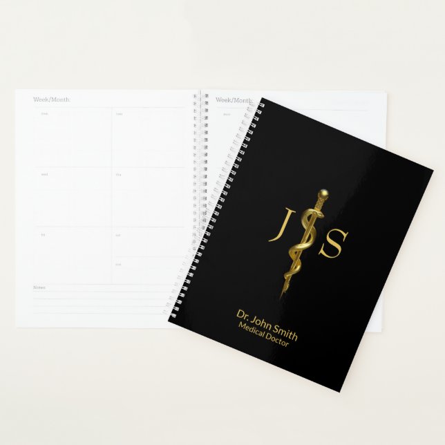 Classy Rod of Asclepius Medical Gold on Black Planner (Display)