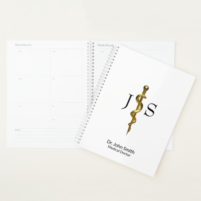 Classy Rod of Asclepius Medical Gold on White Planner (Display)