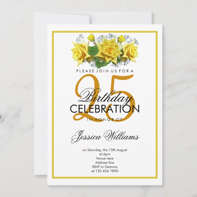 Classy Romantic Yellow Roses Birthday Invitation (Front)
