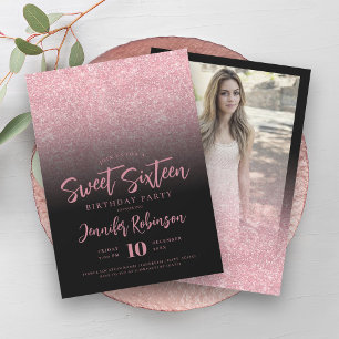 Classy Rose Gold Black Glitter Photo Sweet 16   Invitation