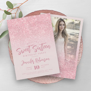 Classy Rose Gold Blush Glitter Photo Sweet 16 Invitation