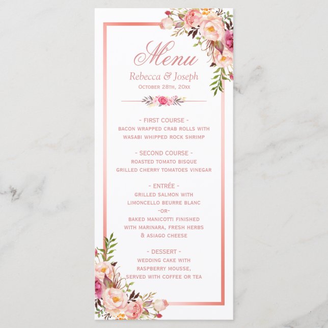 Classy Rose Gold Frame Floral Wedding Menu (Front)
