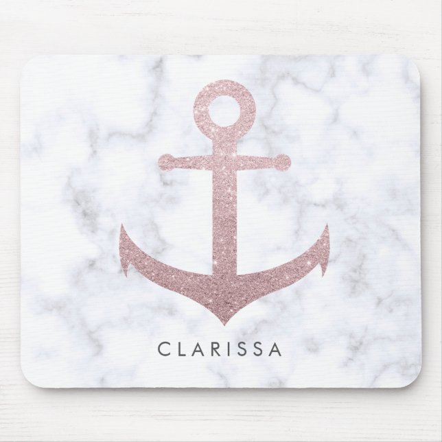 Classy rose gold glitter anchor & white marble mouse mat (Front)