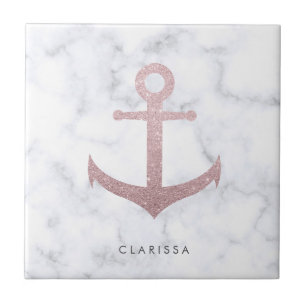 Classy rose gold glitter anchor & white marble tile