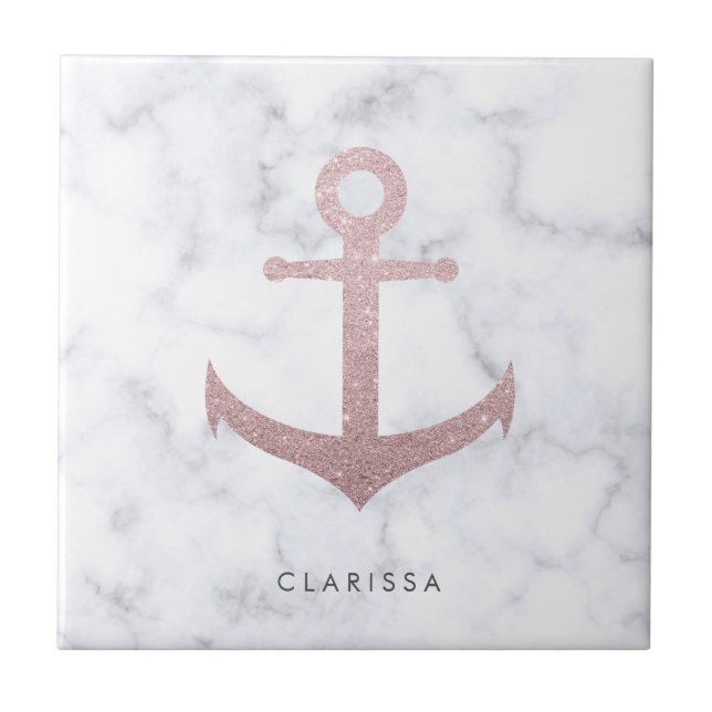 Classy rose gold glitter anchor & white marble tile (Front)