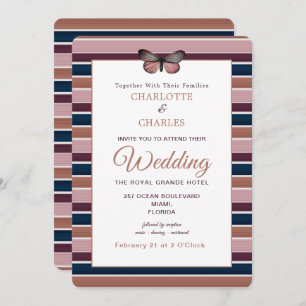 Classy Rose Gold Navy Plum Stripe Pattern Invitation
