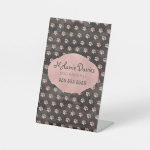 Classy Rose Gold Pawprints Dog Grooming Car Magnet Pedestal Sign