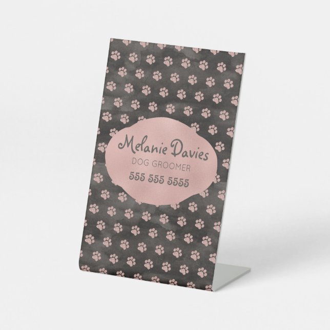 Classy Rose Gold Pawprints Dog Grooming Car Magnet Pedestal Sign (Front)