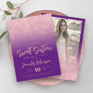 Classy Rose Gold Purple Glitter Photo Sweet 16 Invitation