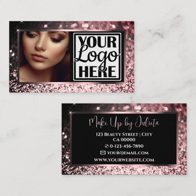 Classy Rose Gold Sparkle Glitter Frame Photo Logo Business Card (Front/Back)