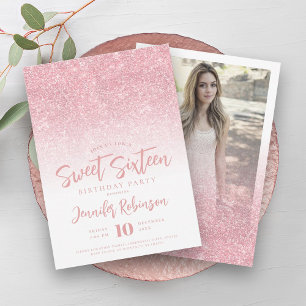 Classy Rose Gold Sparkle Glitter Photo Sweet 16 Invitation