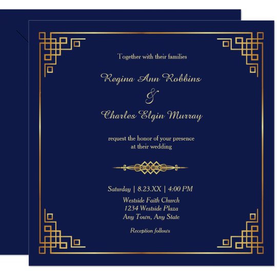 Classy Royal Blue Gold Frame Wedding Invitation Classy Royal Blue Gold Frame Wedding Invitation