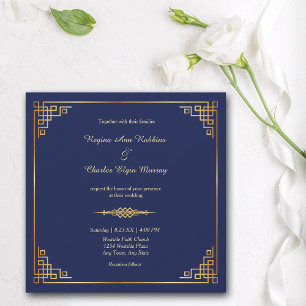 Classy Royal Blue Gold Frame Wedding Invitation