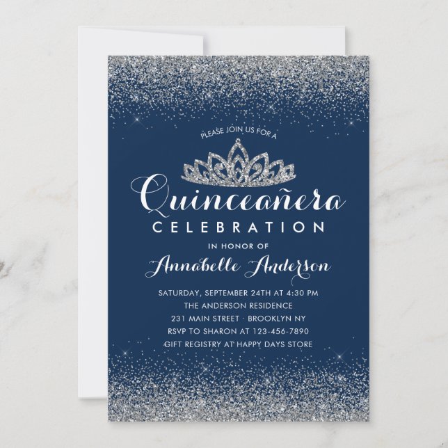 Classy Royal Blue Quinceañera Silver Tiara Glitter Invitation (Front)