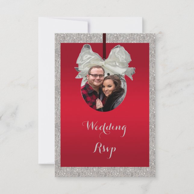 Classy Ruby Red & Sparkle Bauble Christmas Wedding RSVP Card (Front)